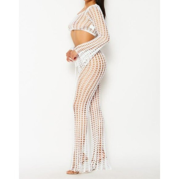 Hot and Delicious Tulum Crochet Two Piece Sheer Set White Size Large NWT - Picture 2 of 4